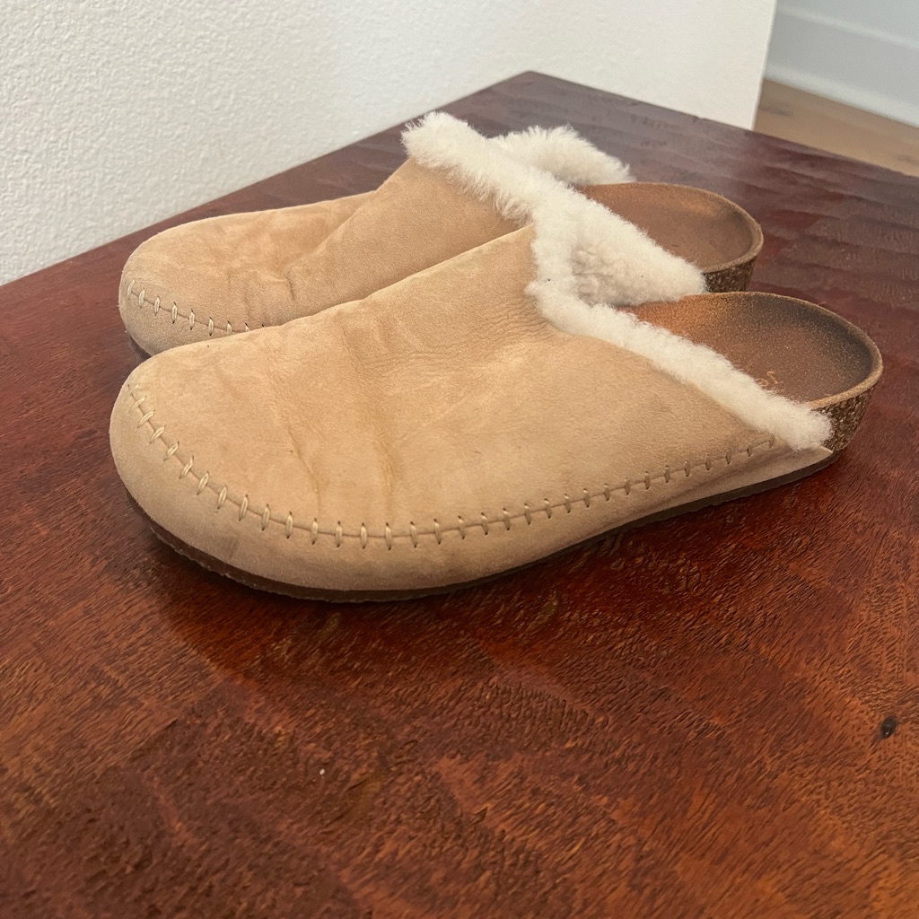 Jenni Kayne Shearling Lined Moc Clog Mule Tan Color Cottagecore Boho Comfy 7.5